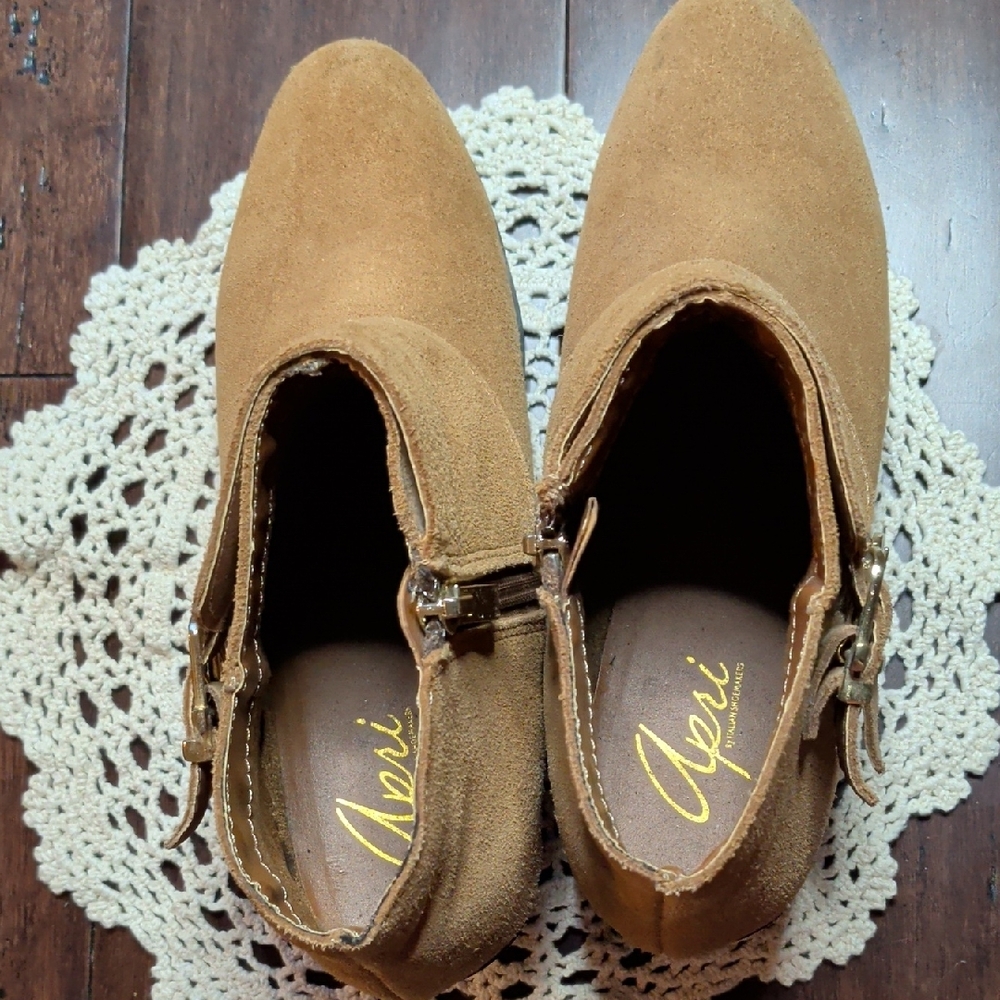 Apri By Italian Shoemakers Suede Buckle Ankle Booties in Tan - Picture 9 of 11
